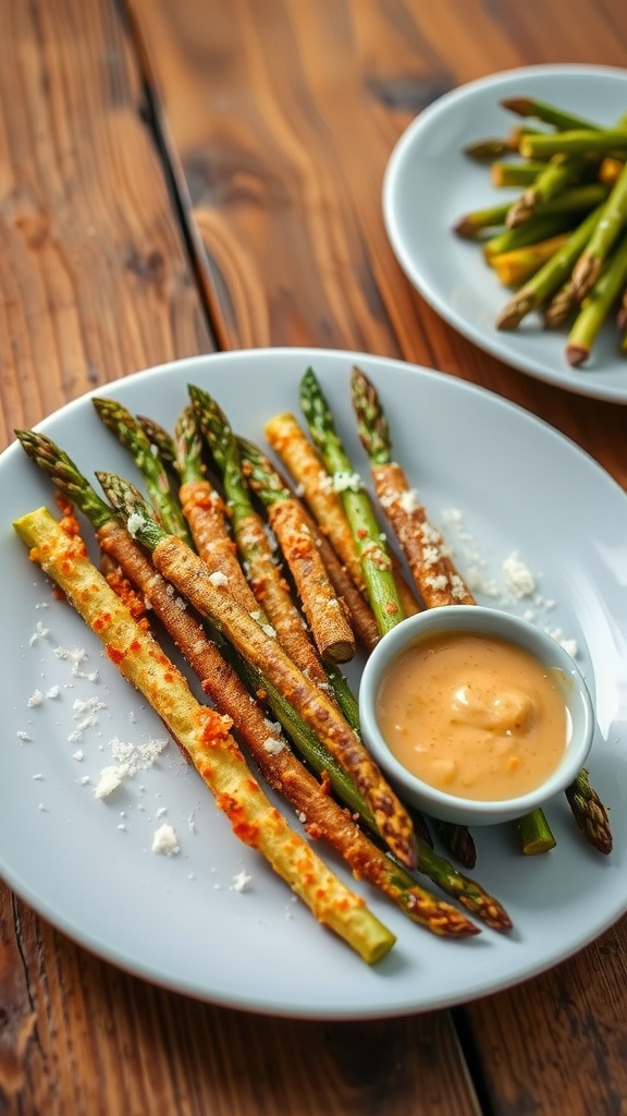Crispy asparagus fries served with a dipping sauce on a rustic wooden table.